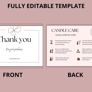 Modèle modifiable de carte d'entretien de bougie, instructions imprimables de bougie/ Candle Care business Card 2024