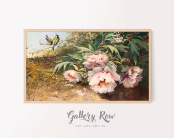 Samsung Frame TV Vintage Art, Peonies and Two Titmice Vintage Frame TV Art, TV Art