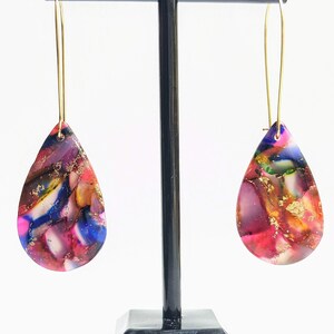 Rainbow Watercolor Marbled Earrings Polymer Clay Handmade Statement Pieces Handcrafted Various Styles Large Teardrop Hoops