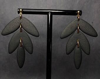 Black Elegant Leaf Dangles | Polymer Clay Earrings | Handmade | Lightweight | Handcrafted | Hypoallergenic | Minimalistic