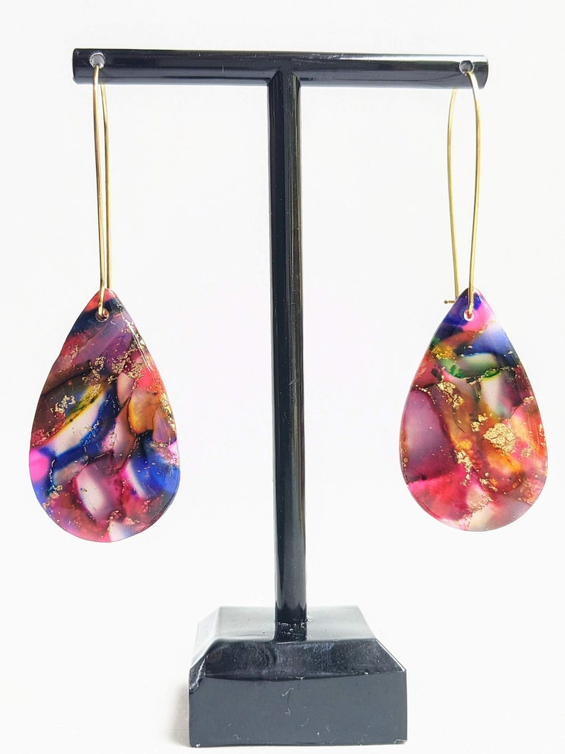 Rainbow Watercolor Marbled Earrings Polymer Clay Handmade Statement Pieces Handcrafted Various Styles Large Teardrop Hoops