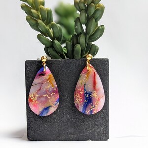 Rainbow Watercolor Marbled Earrings Polymer Clay Handmade Statement Pieces Handcrafted Various Styles Medium Teardrop