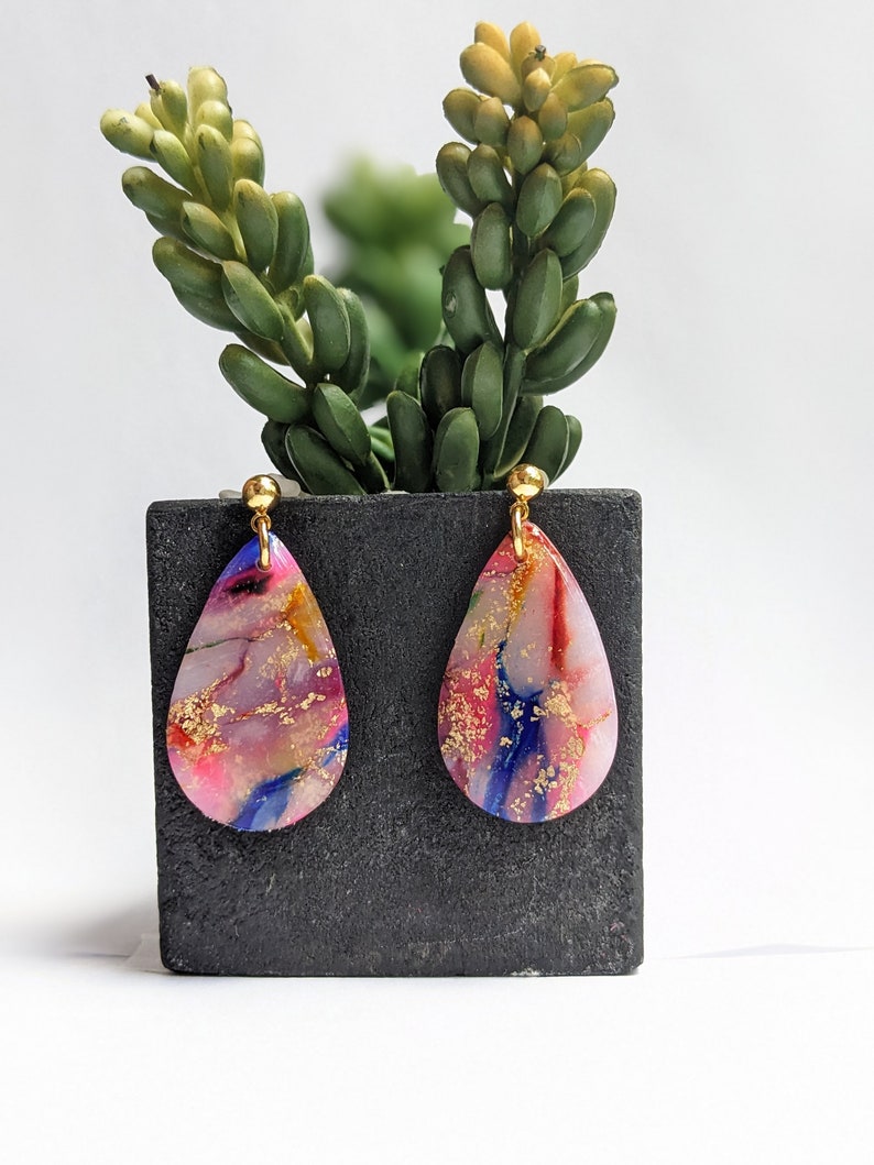 Rainbow Watercolor Marbled Earrings Polymer Clay Handmade Statement Pieces Handcrafted Various Styles Medium Teardrop