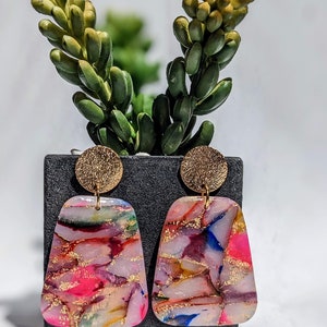 Rainbow Watercolor Marbled Earrings Polymer Clay Handmade Statement Pieces Handcrafted Various Styles Gold Post Trapezoid