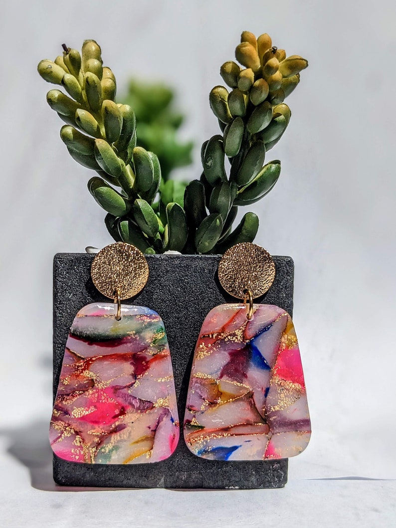 Rainbow Watercolor Marbled Earrings Polymer Clay Handmade Statement Pieces Handcrafted Various Styles Gold Post Trapezoid