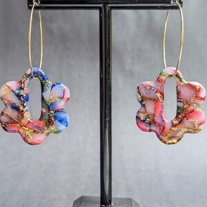 Rainbow Watercolor Marbled Earrings Polymer Clay Handmade Statement Pieces Handcrafted Various Styles Flower Hoops