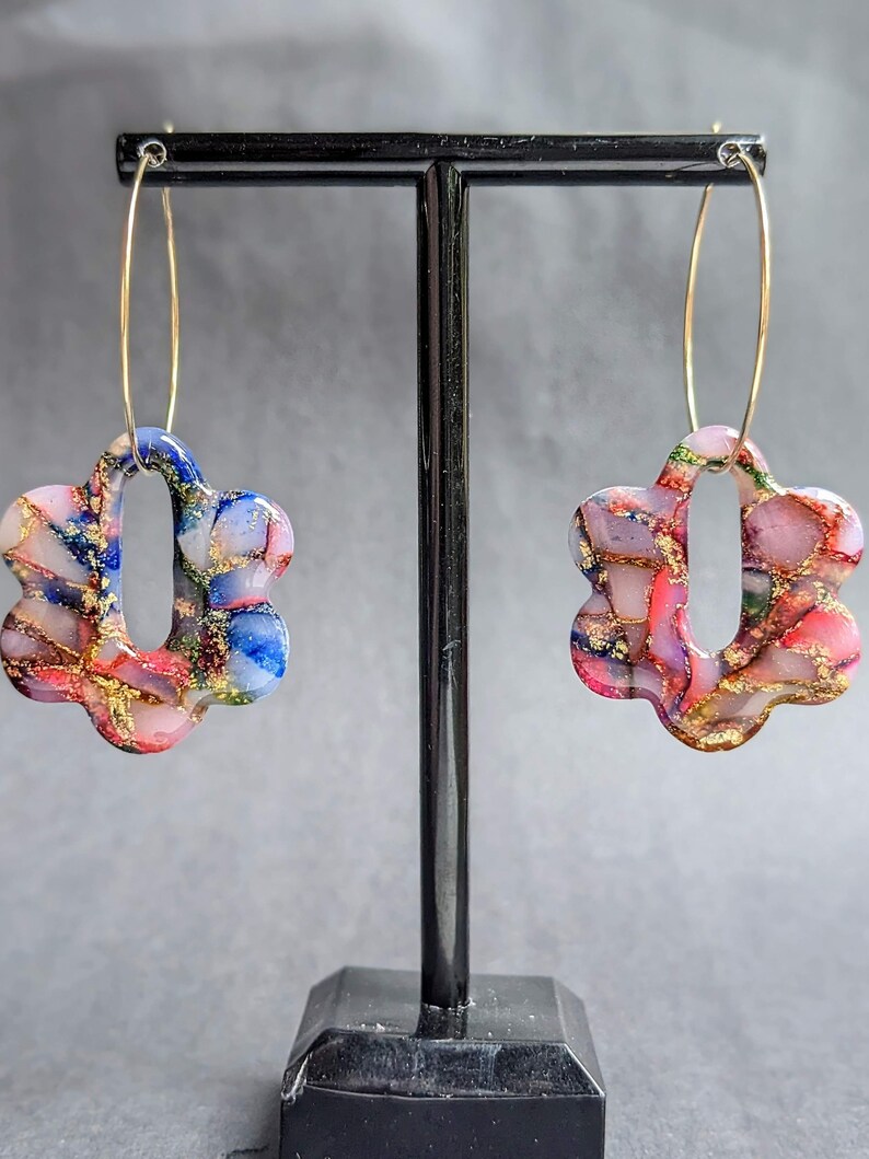 Rainbow Watercolor Marbled Earrings Polymer Clay Handmade Statement Pieces Handcrafted Various Styles Flower Hoops