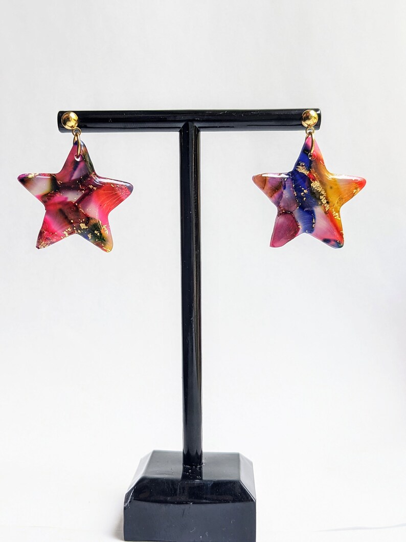 Rainbow Watercolor Marbled Earrings Polymer Clay Handmade Statement Pieces Handcrafted Various Styles Star Dangles