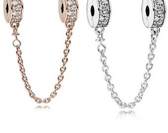 Pave Safety Chain Clip Charms for European Bracelet, Rose Gold Silver CZ Rhinestone Beades for Chain Bangle, Lock Jewelry Gifts for Women