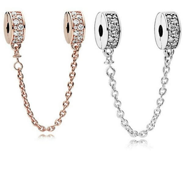 Pave Safety Chain Clip Charms for European Bracelet, Rose Gold Silver CZ Rhinestone Beades for Chain Bangle, Lock Jewelry Gifts for Women