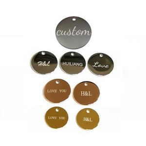 Custom Laser Engraved charms, Personalized round logo charm disc jewelry tags, Stainless Steel hanging brand name tag sequins pendant