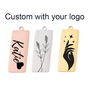 Custom Silver Rose Gold Laser Engraved charms, Personalized rectangle logo charm disc jewelry tags, Hanging brand name tag sequins pendant