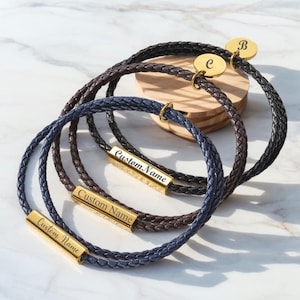 Personalized Engraved Name Leather Bracelet, Custom Rope Bangle Bracelet for Mens Women Boyfriend Groom Couples Lover Family Gift
