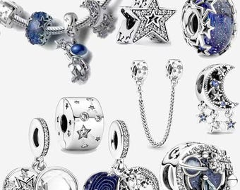 S925 Sterling Silver Galaxy Blue Star Charms for European Bracelet, Charm Beades for Chain Bangle Necklace, Pendant Jewelry Gifts for Women