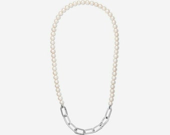 2023 Cultured Freshwater Pearl link Necklace, Silver Chain Charms Necklace Women Jewelry, Birthday Gift for her