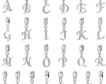 Sterling Silver S925 Letter A-Z Fits European Bracelet Charms, Name initial Beades DIY Chain Necklace, Woman Birthday Jewelry Pendant Gift