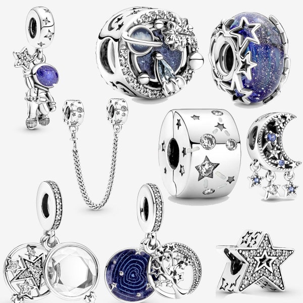 S925 Sterling Silver Galaxy Blue Star Charms for European Bracelet, Charm Beades for Chain Bangle Necklace, Pendant Jewelry Gifts for Women