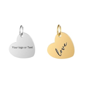 50 pcs custom Laser Engraved charms, Personalized heart logo charm disc jewelry tags, Steel hanging brand name tag sequins pendant