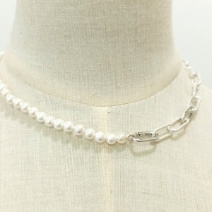 2023 Cultured Freshwater Pearl link Necklace, Silver Chain Charms Necklace Women Jewelry, Birthday Gift for her