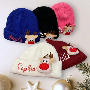 Personalisierte 3D Cartoon Elch Winter Warme Wollmütze für Kinder, Custom Gestickter Name Beanie Baby Weihnachtsgeschenke Mädchen Jungen Kind Strickmütze