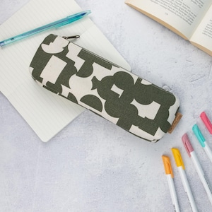 Pencil case, zipper pouch, teacher gift, canvas pencil case in olive green with geometric shapes
