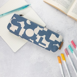 Pencil case, zipper pouch, teacher gift, canvas pencil case in denim blue with geometric shapes