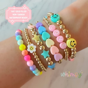 14kt Gold Plated | Personalized Daisy Love Candy Colored Pastel Rainbow Bead Bracelet Stack | Create Your Own Stack