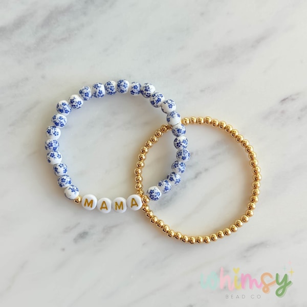 Blue Floral Porcelain Bead & 14kt Gold Filled Bracelet for Mom, New Baby or Baby Shower Gift, Mother, Mama, Mother's Day Present