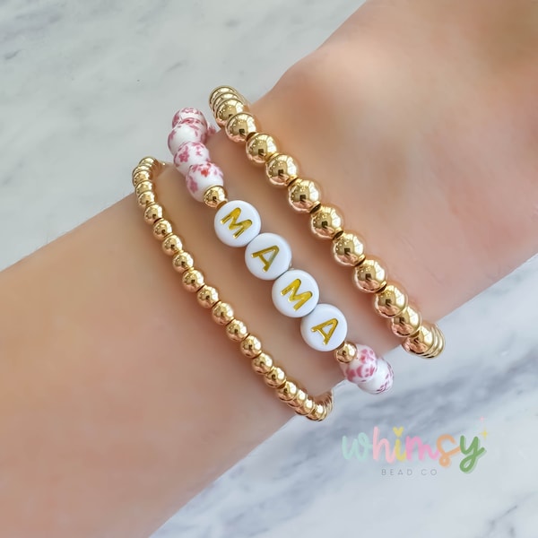 Pink Floral Porcelain Bead & 14kt Gold Filled Bracelet Stack for Mom, New Baby or Baby Shower Gift, Mother, Mama, Mother's Day Present