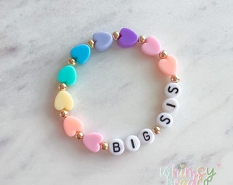14k Gold Filled, Big Sis Pastel Rainbow Heart Bracelet, Promoted to Big Sister, New Baby, Baby Shower, Baby Announcement, Stocking Stuffer