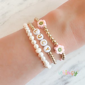 14kt Gold Plated | Fresh Water Pearl & Gold Name Bracelet Stack | Create your own stack | Custom Made