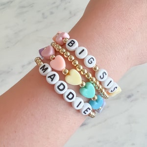 14kt Gold Filled | Personalized Big Sis Pastel Rainbow Heart Bead Bracelet Stack - Create Your Own Stack - Big Sister Gift