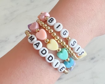 14kt Gold Filled | Personalized Big Sis Pastel Rainbow Heart Bead Bracelet Stack - Create Your Own Stack - Big Sister Gift