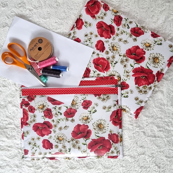 Red Poppies Project Bag Vinyl Cross Stitch Project Bag Gift For Moms , Floral Bag Gifts For Grandma See Through Front Needle Work Bag