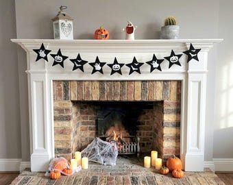 Halloween Star Garland, Spooky Fabric Banner, Black Star Bunting, Ghost Pumpkin Bat Garland, Halloween Mantel Decor, Modern Spooky Decor