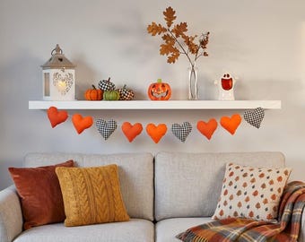 Halloween Heart Garland, Fall Fabric Garland, Orange Black Buffalo Check Banner, Autumn Mantel Decor, Cozy Fireplace Thanksgiving Decor