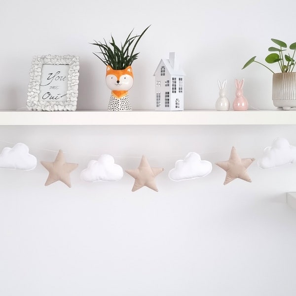 Star and Cloud Garland, Boho Nursery Fabric Garland, jongenskamer decor, safari kinderkamer decor,