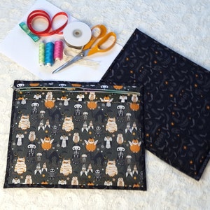 Sac à projet Halloween au point de croix Sac à projet Spooky Night en vinyle avant WIP Sac à couture Porte-fil noir Chat citrouilles