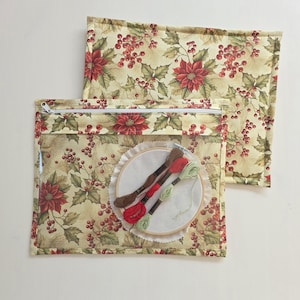 Può includere: Due pochette rettangolari con cerniera in tessuto color crema con un motivo ripetuto di stelle di Natale rosse, foglie di agrifoglio verdi e bacche rosse. La pochette anteriore ha una finestra in vinile trasparente con un telaio da ricamo.