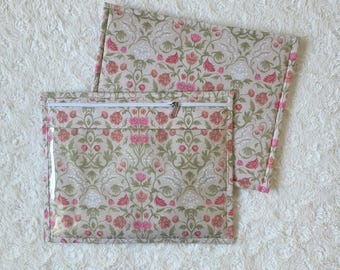William Morris Style Vinyl Project Bag, Vintage Floral Cross Stitch Organizer, Beige Embroidery Pouch