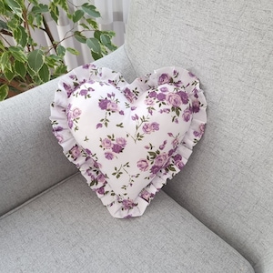 Heart Pillow With Purple Roses, Purple Flowers Rose Romantic Throw Pillow, Floral Heart Shaped Pillow,