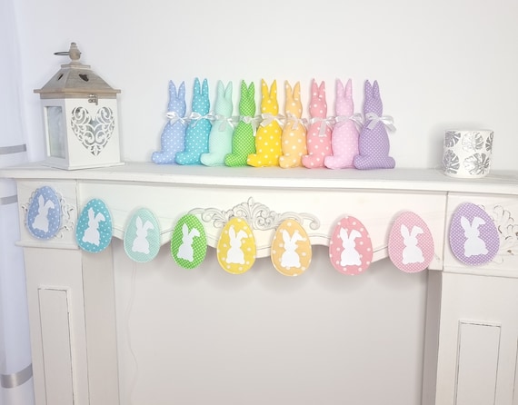 Doumeny 2Pcs Colorful Easter Burlap Banner Bunny Bunting Garland Colorful Rabbit Banner Garland Rustic Happy Easter Party Banner Spring
