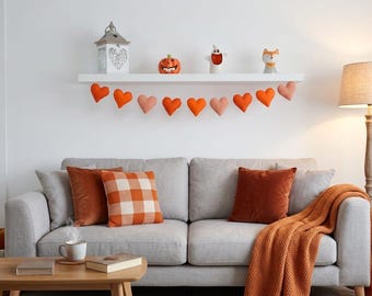 Fall Heart Garland, Autumn Fabric Garland, Halloween Mantel Decor, Orange Heart Banner, Thanksgiving Fireplace Decor, Cozy Fall Home Decor