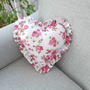 Heart Pillow With Pink Roses, Romantic Rose Throw Pillow, Floral Throw Pillow For Bed,