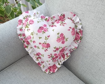 Heart Pillow With Pink Roses, Romantic Rose Throw Pillow, Floral Throw Pillow For Bed,