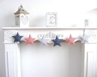 Farmhouse 4th of July Garland Patriotic Banner Red White Blue Americana Decor Mantel