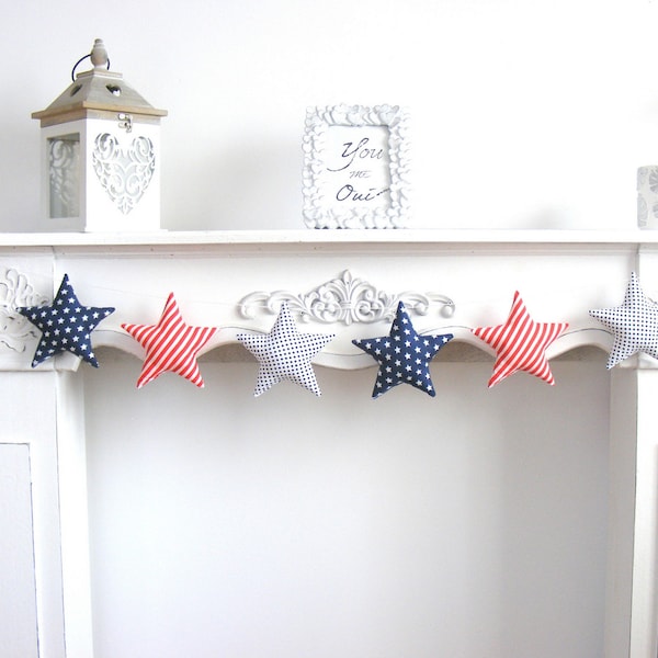 Farmhouse 4th of July Garland Patriotic Banner Red White Blue Americana Decor Mantel