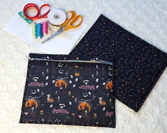 Halloween Project Bag Cross Stitch Project Bag Spooky Night Vinyl Front WIP Bag Needlework Thread Holder Black Cat Pumpkins