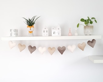 Boho Heart Fabric Garland, Beige Velvet Garland for Mantle, Boho Home Decor, Wedding Decor, Boho Nursery,