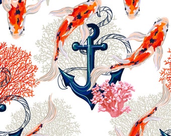Upholstery fabric by the meter, water-repellent, printed, OXFORD, outdoor fabric - 100% Polyester - Oeko-Tex | Motif: Anchor and fish